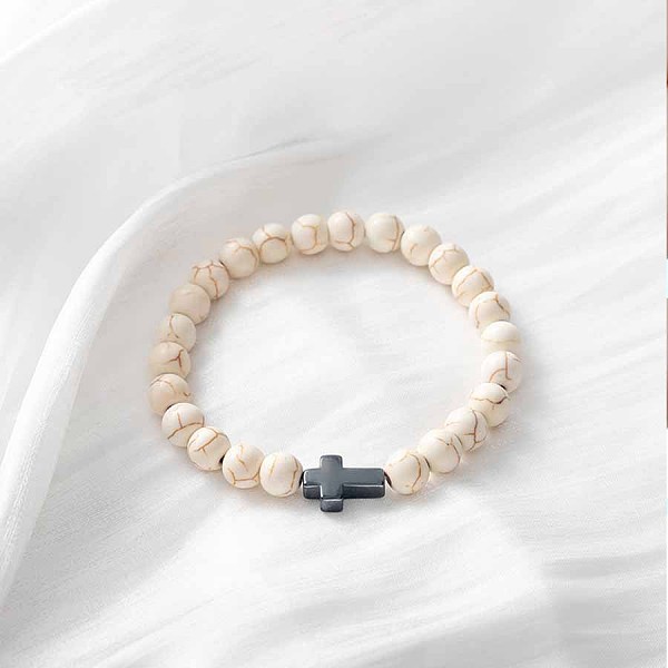 

PandaHall Round Synthetic Howlite Beaded Stretch Bracelets, Cross Bracelets for Women Men Howlite Cross