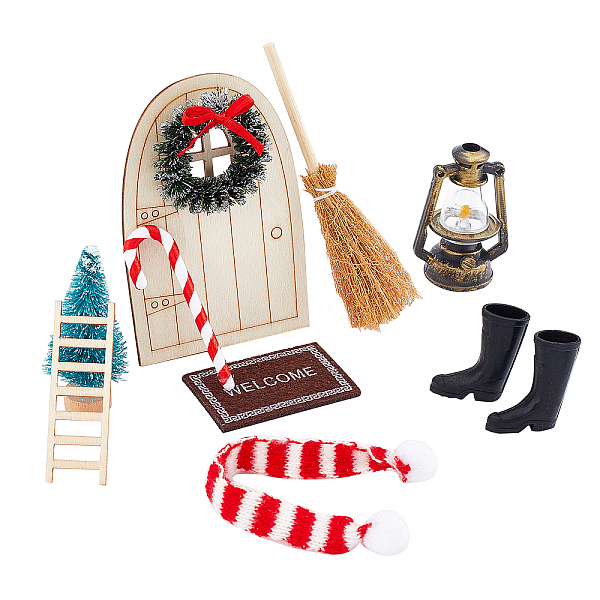 PandaHall AHANDMAKER 10 Pcs Christmas Miniature Fairy House Set, Red Mini Fairy Door Wooden Tiny Elf Door Christmas Wreath Lamp Ladder...