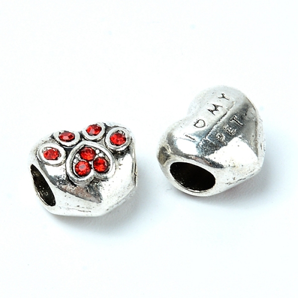 

PandaHall Zinc Alloy European Rhinestone Beads, Large Hole Beads, Heart with Paw, Antique Silver, Hyacinth, 10x11x8.5mm, Hole: 4.5mm..., Red