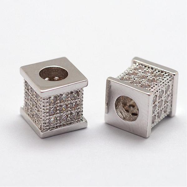 

PandaHall Brass Micro Pave Cubic Zirconia Beads, Cube, Lead Free & Nickel Free, Platinum, 7.5x7x7mm, Hole: 3.5mm Brass+Cubic Zirconia Cube