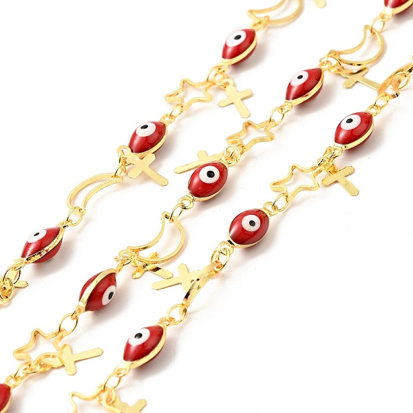 

PandaHall Enamel Horse Eye & Star & Moon Link Chains, with Brass Cross Charms, Real 18K Gold Plated, Soldered, Long-Lasting Plated, with..., Red