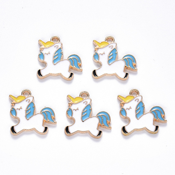 

PandaHall Alloy Enamel Pendants, Unicorn, Light Gold, Deep Sky Blue, 18x18x1.5mm, Hole: 2mm Alloy+Enamel Horse Blue