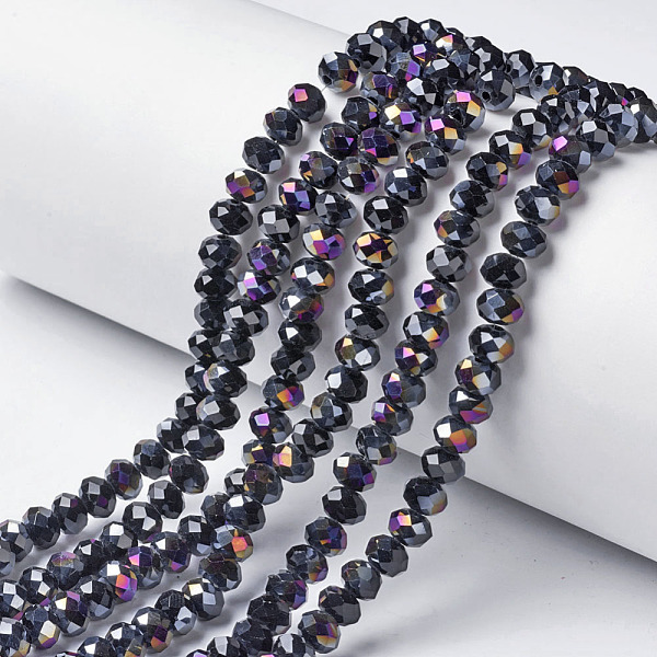 

PandaHall Electroplate Opaque Glass Beads Strands, Half Purple Plated, Faceted, Rondelle, Black, 4x3mm, Hole: 0.4mm, about 113~115pcs/strand...