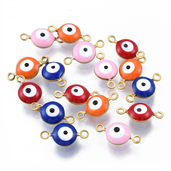 

PandaHall 304 Stainless Steel Enamel Connector Charms, Real 18K Gold Plated, Flat Round with Evil Eye, Mixed Color, 13x6.5x4mm, Hole: 1.2mm..., Multicolor