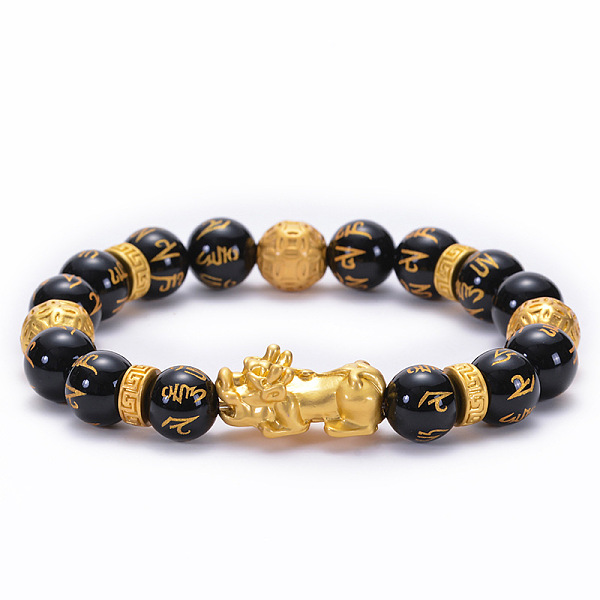 

PandaHall Natural Agate Stone Bracelet with 3D Gold Pixiu for Men and Women, size 1 Black Agate
