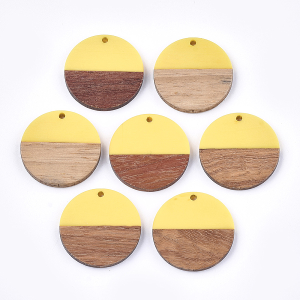 

PandaHall Resin & Walnut Wood Pendants, Flat Round, Yellow, 28.5x3.5~4mm, Hole: 1.5mm Resin+Wood Flat Round Yellow
