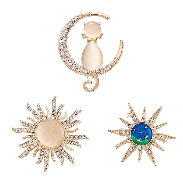 

PandaHall 3Pcs 3 Style Rhinestone Sun & Moon with Cat Enamel Pins, Gold Plated Alloy Badges for Backpack Clothes, Mixed Color, 28~38mm..., Multicolor