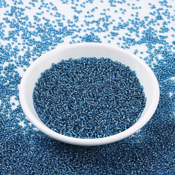 

PandaHall MIYUKI Round Rocailles Beads, Japanese Seed Beads, (RR25) Silverlined Capri Blue, 11/0, 2x1.3mm, Hole: 0.8mm, about 1100pcs/bottle..., Cyan