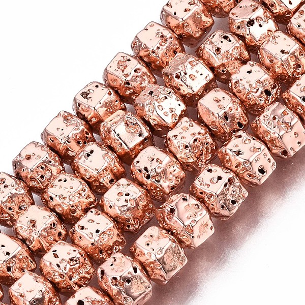 

PandaHall Electroplated Natural Lava Rock Beads Strands, Hexagon, Bumpy, Rose Gold Plated, 6.5x7x5.5mm, Hole: 1.2mm, about 73pcs/strand...