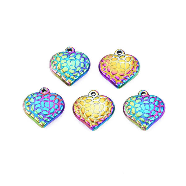 

PandaHall Ion Plating(IP) 304 Stainless Steel Pendants, Textured, Heart, Rainbow Color, 16.5x15.5x4mm, Hole: 1.2mm 304 Stainless Steel Heart