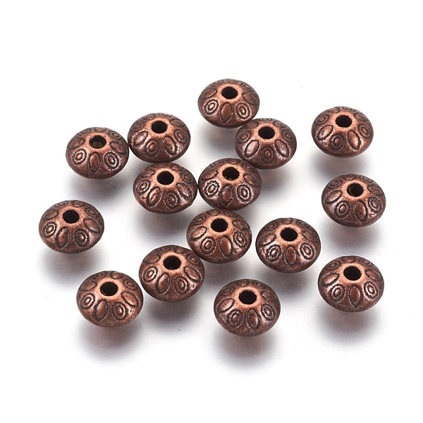 

PandaHall Tibetan Style Alloy Spacer Beads, Lead Free & Nickel Free & Cadmium Free, Rondelle with Flower, Red Copper Color, about 9mm long...