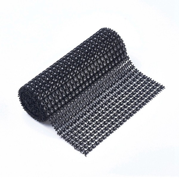 PandaHall Plastic 24 Rows Rhinestone Mesh Wrap Roll, Cake Wedding Decoration, Black, 90.5~91.5x11.8cm, about 4mm in diameter, 1yard/roll...