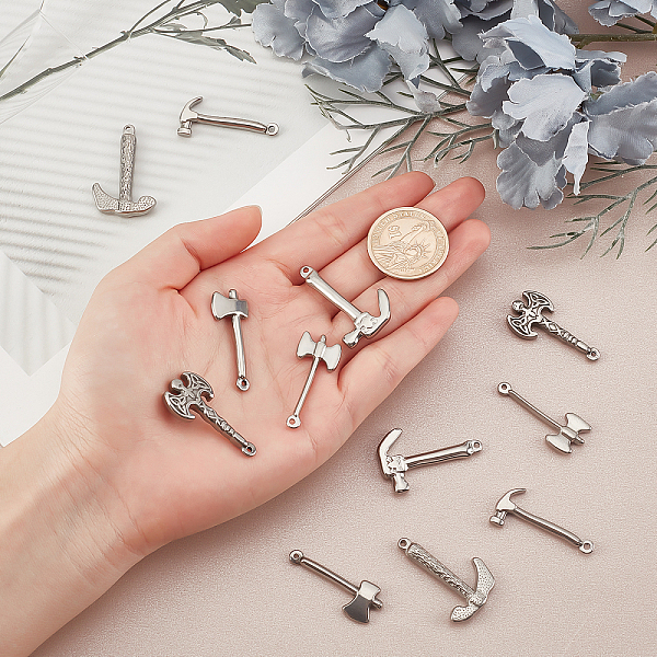 

PandaHall DICOSMETIC 12Pcs 6 Style 304 Stainless Steel Pendants, Axe & Hammer, Stainless Steel Color, 4~34x13~21.5x3.5~4.5mm, hole...