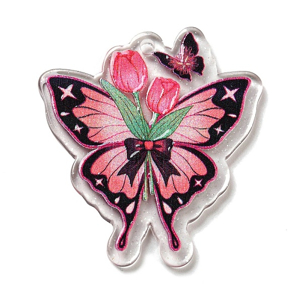 PandaHall Acrylic Pendant, Buttfly with Flower Charm, Pink, 40x36x2mm, Hole: 2mm Acrylic Butterfly Pink