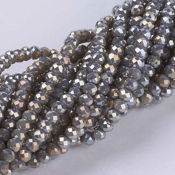

PandaHall Electroplate Glass Beads Strands, Full Rainbow Plated, Faceted, Rondelle, Gray, 3~3.5x2~2.5mm, Hole: 0.8mm, about...