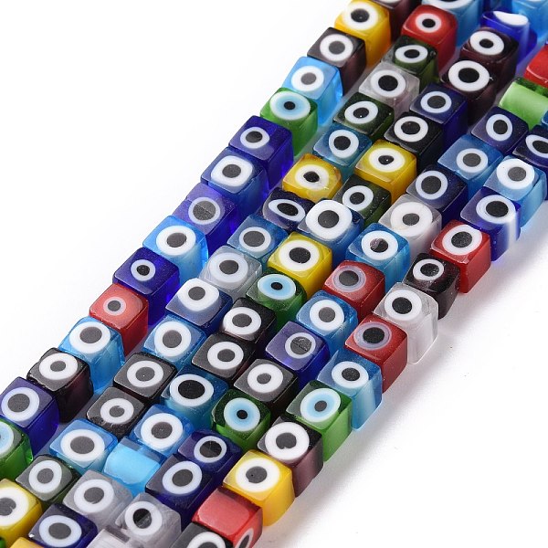 

PandaHall Handmade Lampwork Beads, Cube with Evil Eye, Mixed Color, 5.5x5.5x5.5mm, Hole: 0.7mm, about 64pcs/strand, 14.37''(36.5cm) Lampwork..., Multicolor