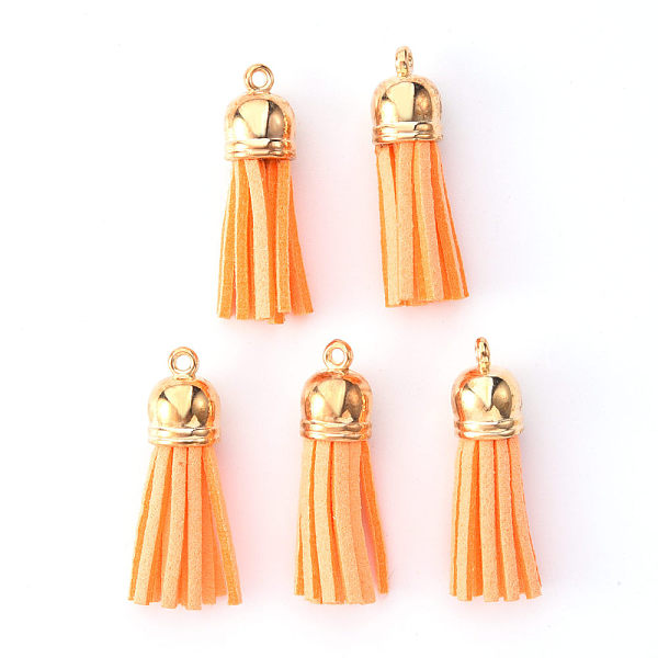 

PandaHall Faux Suede Tassel Pendant Decorations, with CCB Plastic Cord Ends, Light Gold, Sandy Brown, 33~35x10mm, Hole: 2.5mm Faux Suede