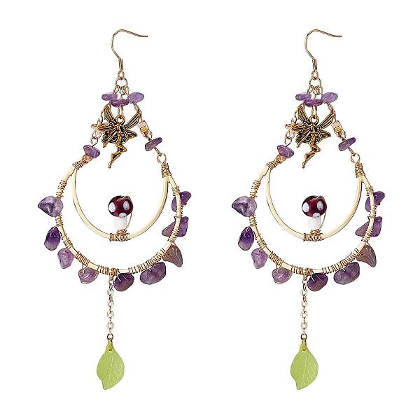 

PandaHall Natural Amethyst Chips Beaded Big Teardrop Dangle Earrings, Lampwork Mushroom & Alloy Fairy & Leaf Tassel Drop Earrings for Women...