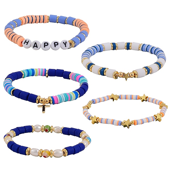 PandaHall 5Pcs 5 Style Handmade Polymer Clay Beads Stretch Bracelets Sets, with Brass Beads and Acrylic Enamel Beads, HAPPY, Mixed Color...