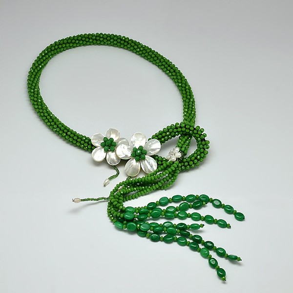 

PandaHall Flower Glass Beaded Lariat Necklaces, with Pearl and Shell, Green, 31.4 inch Glass Green