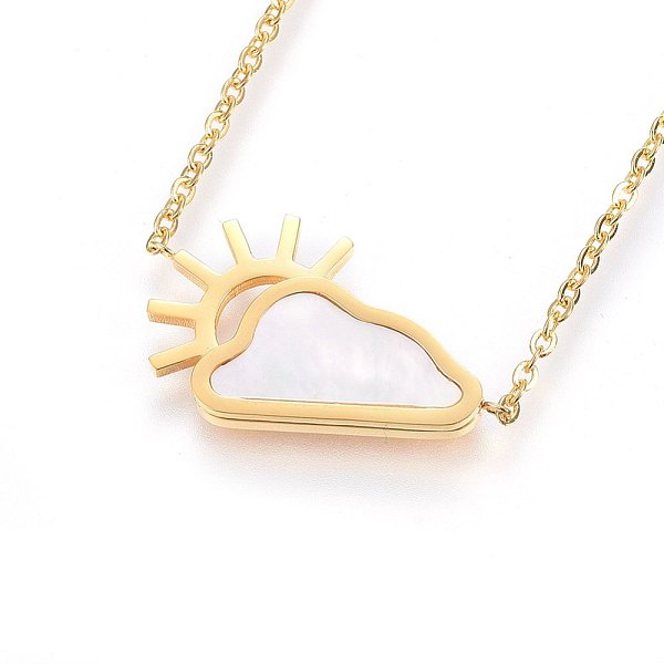 

PandaHall 304 Stainless Steel Pendant Necklaces, with Shell, Sun and Clouds, Golden, 18.11 inch(46cm), 1.5mm Shell