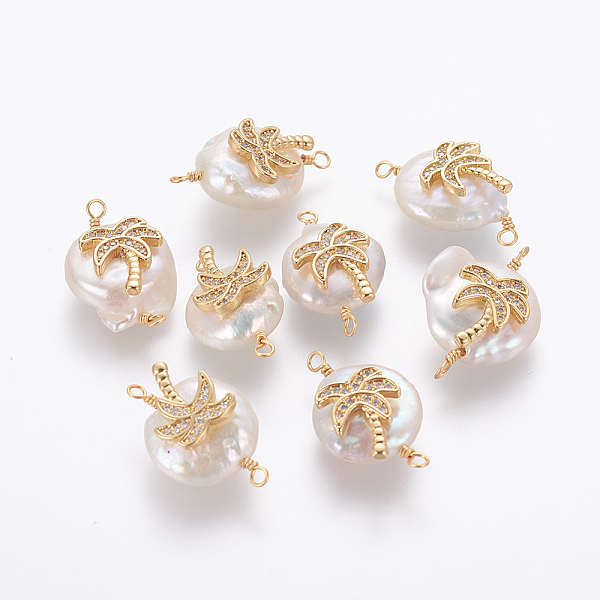 

PandaHall Natural Pearl Links connectors, with Brass Micro Pave Cubic Zirconia Findings, Nuggets with Coconut Tree, Golden, Clear...