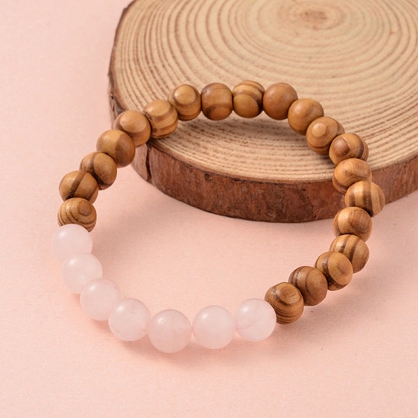 

PandaHall Round Wood Beaded Stretch Bracelets, with Natural Rose Quartz Beads, 61mm Rose Quartz