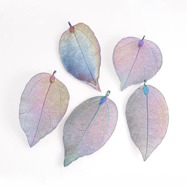 

PandaHall Electroplated Natural Leaf Big Pendants, with Iron Findings, Multi-color Plated, 55~85x25~40x1mm, Hole: 3x6mm Iron Leaf