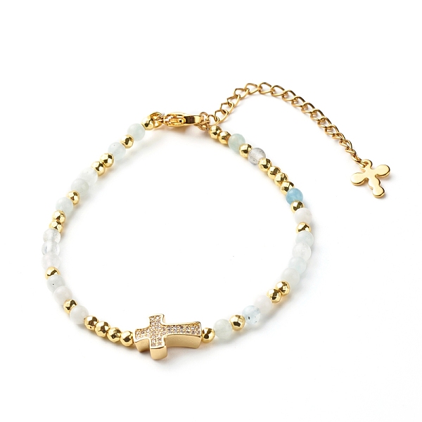 

PandaHall Cross Cubic Zirconia Beaded Bracelet for Girl Women, Natural Aquamarine & Brass Beads Bracelet, Golden, 7-5/8 inch(19.5cm)...