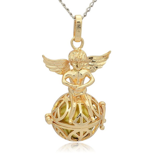 

PandaHall Golden Tone Brass Hollow Round Cage Pendants, with No Hole Spray Painted Brass Round Ball Beads, Round with Angel, Dark Khaki...
