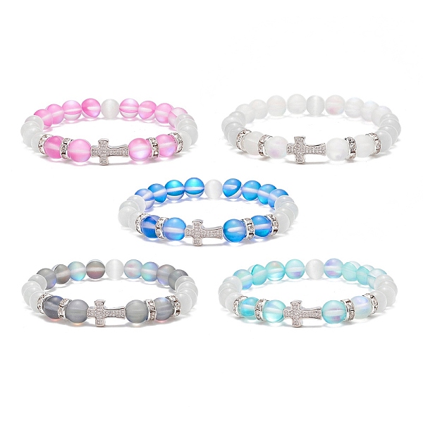 

PandaHall 5Pcs 5 Color Synthetic Moonstone & Cat Eye & Cubic Zirconia Cross Beaded Stretch Bracelet for Women, Mixed Color, Inner Diameter..., Multicolor