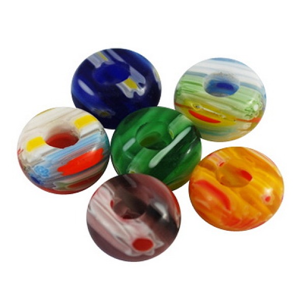 

PandaHall Handmade Millefiori Lampwork European beads, No Metal Core, Large Hole Beads, Rondelle, Mixed Color, Size: about 14mm in diameter..., Multicolor