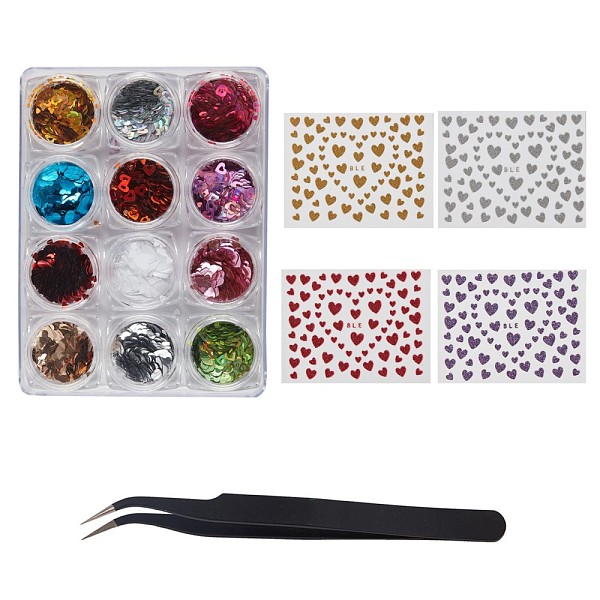 PandaHall Manicure Tools Kits, with Manicure Sequins/Paillette, Stainless Steel Beading Tweezers, Heart Pattern Nail Art Stickers, Mixed...
