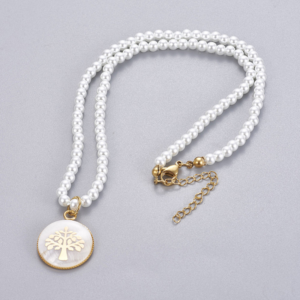 

PandaHall 304 Stainless Steel Jewelry Sets, Pendant Necklaces and Stud Earrings, with Shell and Plastic Beads, Flat Round with Tree of Life..., White