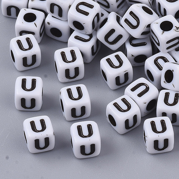 

PandaHall White Opaque Acrylic Beads, Horizontal Hole, Cube with Black Alphabet, Letter.U, 4~5x4~5x4~5mm, Hole: 1.8mm, about...