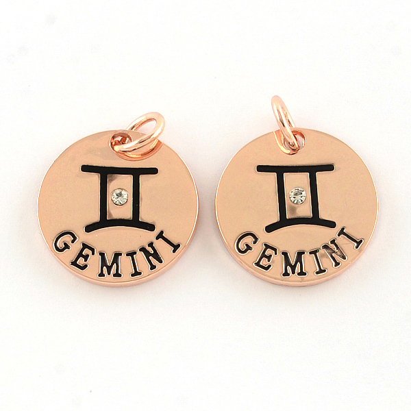 

PandaHall Alloy Pendants, with Rhinestone, Flat Round, with Constellation/Zodiac Sign, Rose Gold, Gemini, 22x2.5mm, Hole: 5.5mm..., Clear
