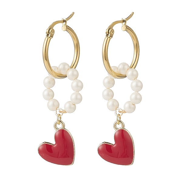Natural Shell Pearl Beaded Ring With Alloy Heart Dangle Hoop Earrings