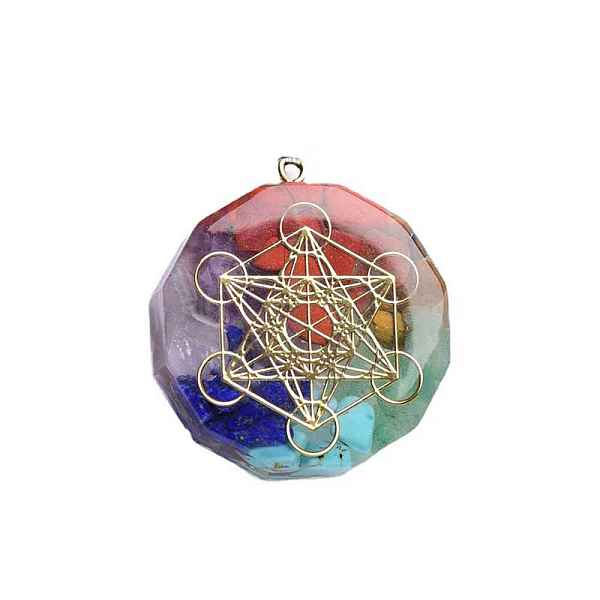 

PandaHall 7 Chakra Gemstone Orgone Pendants, Reiki Healing Crystal Resin Polygon Charms with Metal Good Luck Yoga Slice, Colorful, 35x10mm...