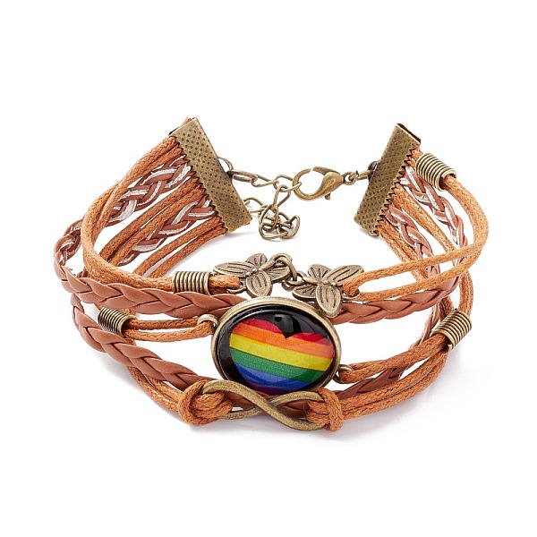 PandaHall Rainbow Pride Bracelet, Heart Pattern Flat Round & Butterfly Links Multi-strand Bracelet for Men Women, Chocolate, Heart Pattern...