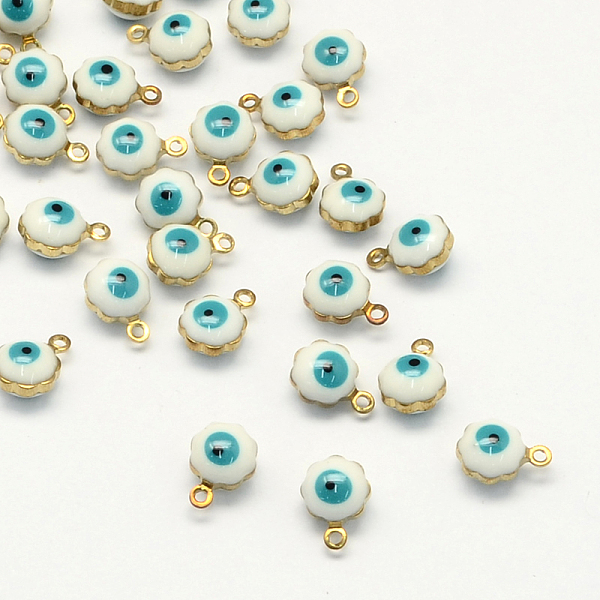

PandaHall Golden Tone Brass Enamel Charms, Flower with Eye, White, 9x7x5mm, Hole: 1mm Brass+Enamel Flower White