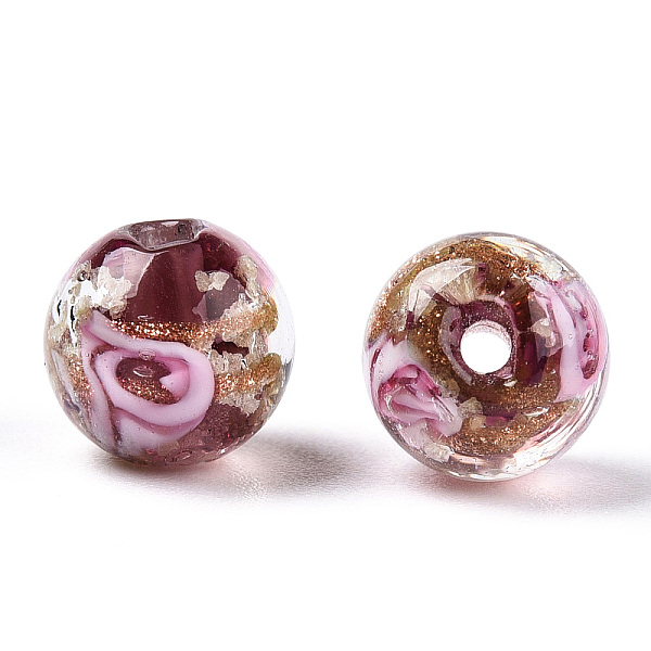 

PandaHall Luminous Handmade Gold Sand Lampwork Beads, Glow in the Dark, Round with Flower, Pale Violet Red, 10x9mm, Hole: 1.6mm Lampwork...
