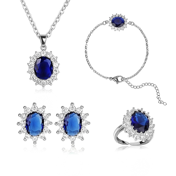 

PandaHall Cubic Zirconia Oval Pendant Necklace & Link Bracelet & Cuff Ring & Stud Earrings, Platinum Brass Jewelry Set for Women, Marine...