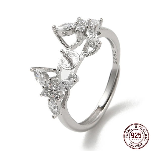 

PandaHall Rhodium Plated 925 Sterling Silver Micro Pave Cubic Zirconia Adjustable Ring Settings, for Half Drilled Beads, Flower, with S925..., Clear