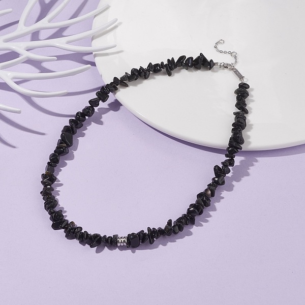 

PandaHall Natural Obsidian Chip Beaded Necklace, Gemstone Jewelry for Women, Platinum, 16.14 inch(41cm) Obsidian