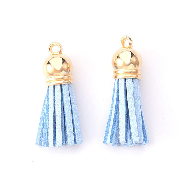 

PandaHall Faux Suede Tassel Pendant Decorations, with CCB Plastic Cord Ends, Light Gold, Light Sky Blue, 33~35x10mm, Hole: 2.5mm Faux Suede