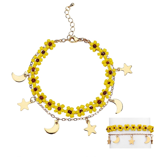 

PandaHall Glass Seed Braided Flower Multi-strand Bracelet, 304 Stainless Steel Moon and Star Charm Bracelet with Brass Chains for Women..., Yellow