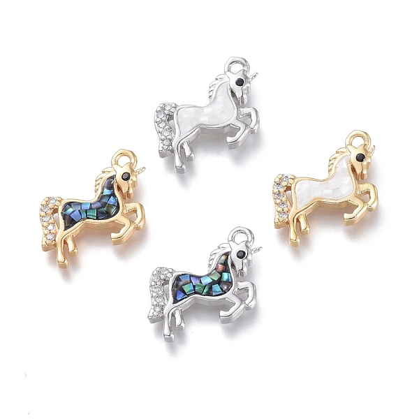 PandaHall Natural Shell Charms, with Cubic Zirconia and Brass Findings, Unicorn, 13x14.5x2mm, Hole: 1.2mm Mixed Shell Unicorn Multicolor
