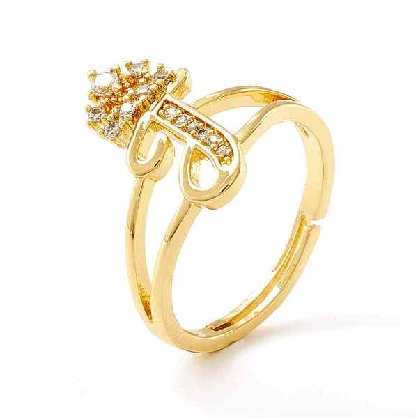 

PandaHall Clear Cubic Zirconia Initial Letter with Crown Adjustable Ring, Real 18K Gold Plated Brass Alphabet Ring for Women, Cadmium Free &...