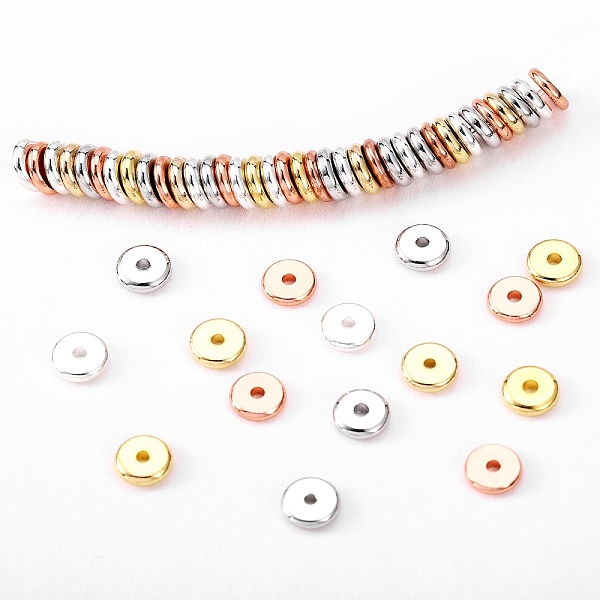 PandaHall Brass Spacer Beads, Nickel Free, Flat Round, Mixed Color, 8x2mm, Hole: 2mm, 4colors, 30pcs/colors, 120pcs/box Brass Flat Round