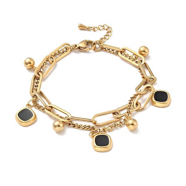 

PandaHall Resin Rhombus and Round Ball Charm Multi-strand Bracelet, Vacuum Plating 304 Stainless Steel Double Layered Chains Bracelet for...